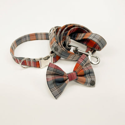 Grey and Orange Autumn Check Dog Bow Tie, Collar and Lead.