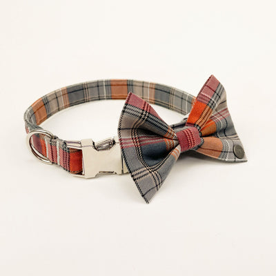 Grey and Orange Autumn Check Dog Bow Tie shown on matching dog collar.