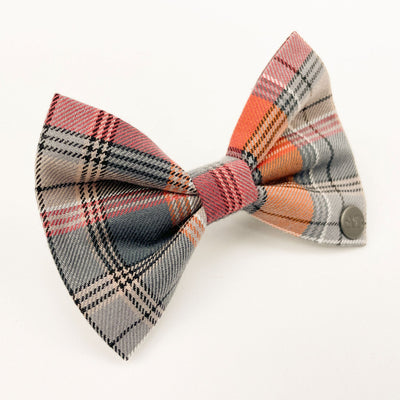 Grey and Orange Autumn Check Dog Bow Tie close up view.