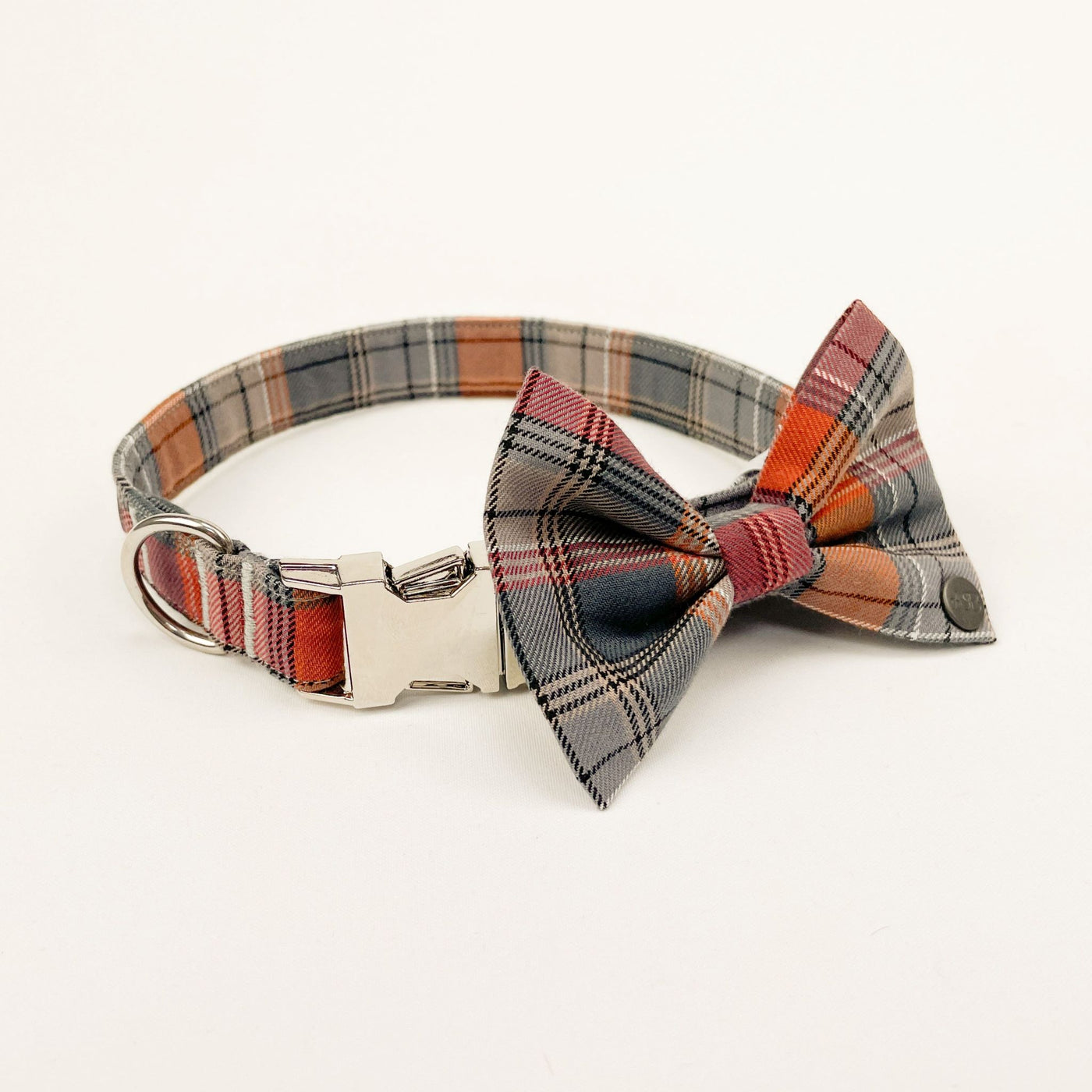 Grey and orange autumn check dog collar and matching dog bow tie accessory.