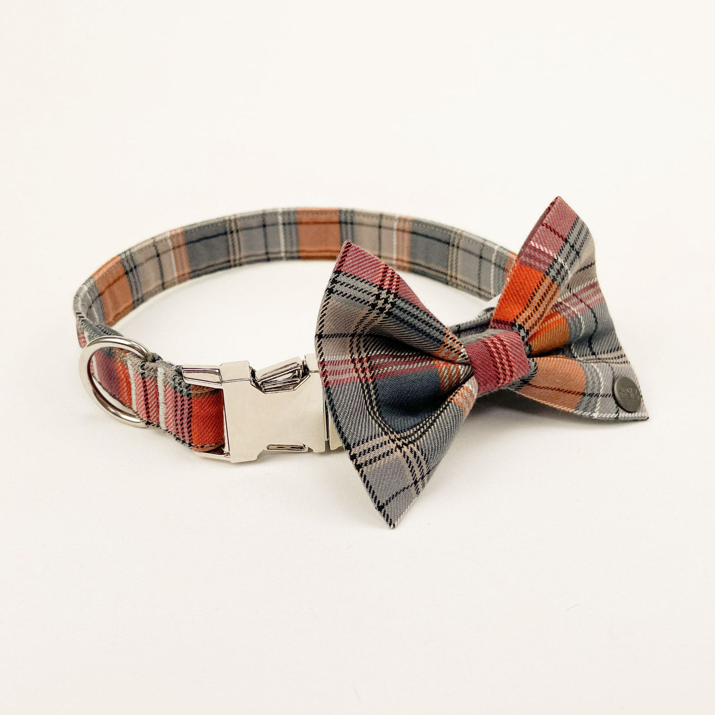 Dog bow tie and collar, part of the Grey and Orange Autumn Check Accessory Set.