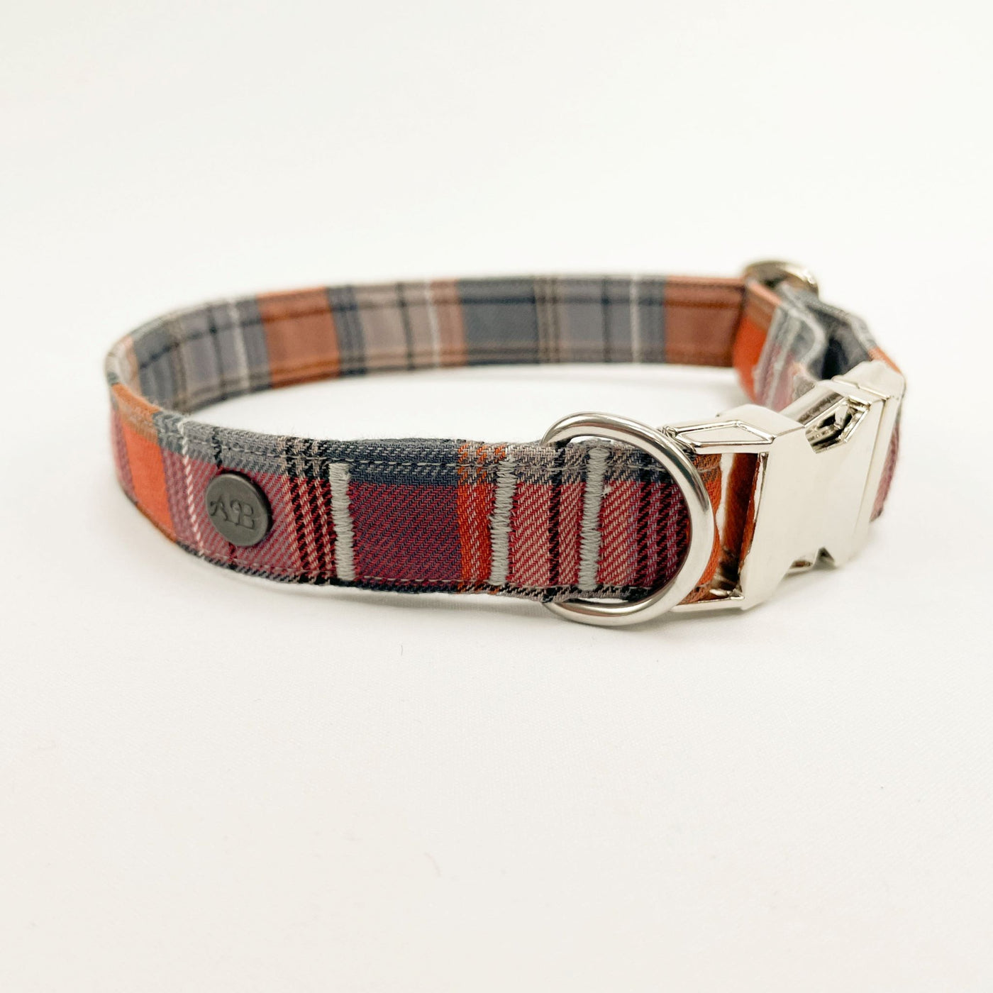 Grey and orange autumn check dog collar nickel-plated metal fittings.