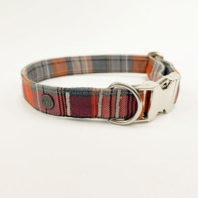 Grey and orange autumn check dog collar nickel-plated metal fittings.