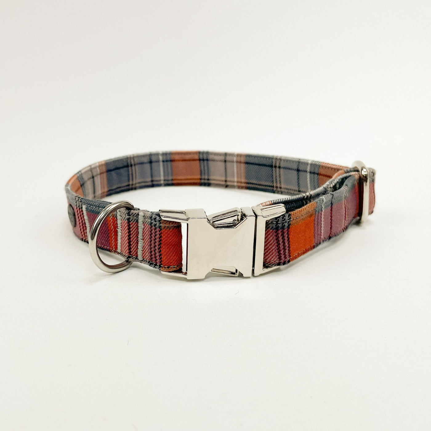 Grey and orange autumn check dog collar .