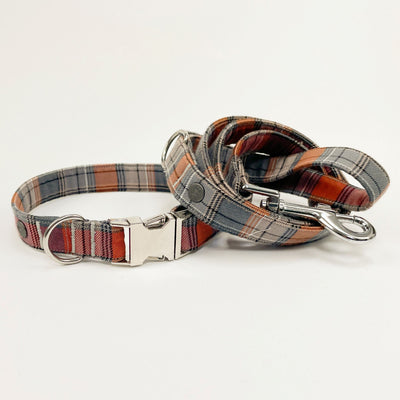Grey and orange autumn check dog lead and matching collar.