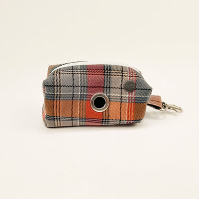 Grey and Orange Autumn Check Dog Poop Bag Holder from front.