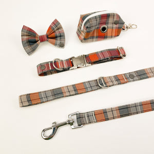 Grey and Orange Autumn Check Dog Collar / Lead / Bow Tie / Poop Bag Holder Set