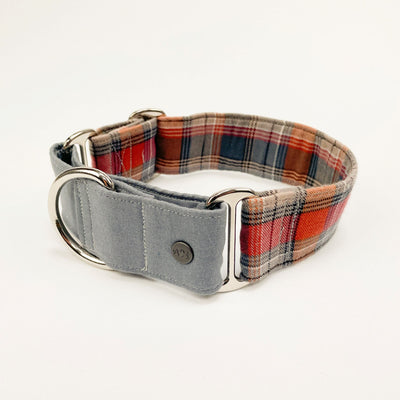 Grey and Orange Autumn Check Martingale Dog Collar  with chrome-style  hardware.