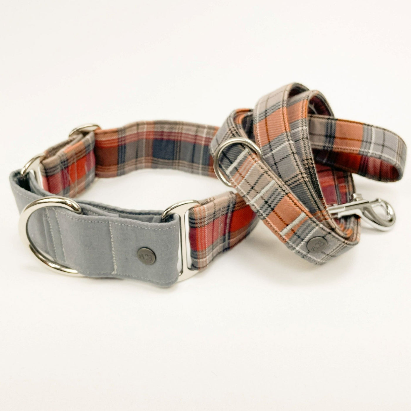 Grey and Orange Autumn Check Martingale Dog Collar and matching lead. 