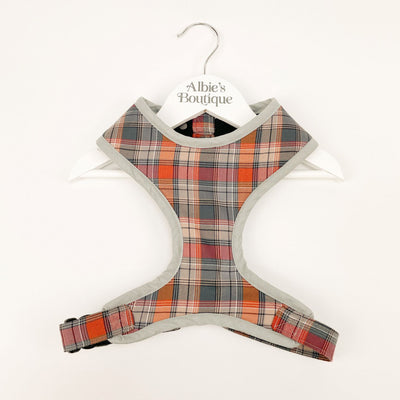 Grey and Orange Autumn Check Soft Dog Harness front view.