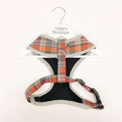Grey and Orange Autumn Check Soft Dog Harness reverse review.