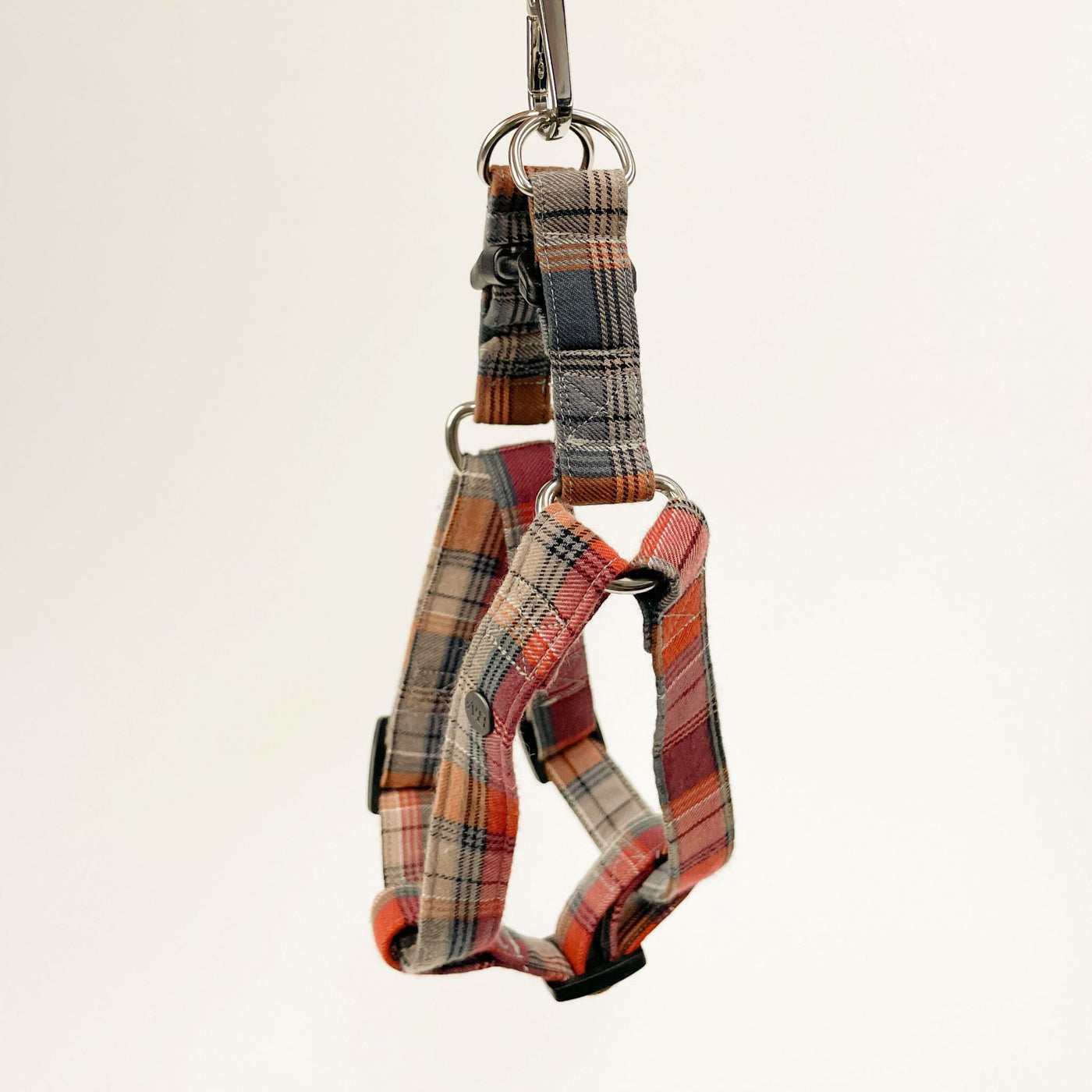 Grey and Orange Autumn Check Step-in Dog Harness front view.