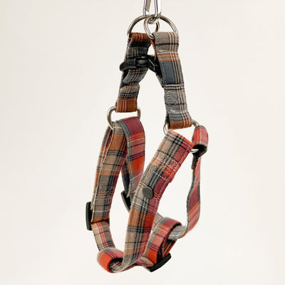Grey and Orange Autumn Check Step-in Dog Harness side view.