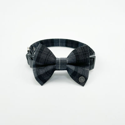 Charcoal grey tartan fabric dog bow tie accessory.