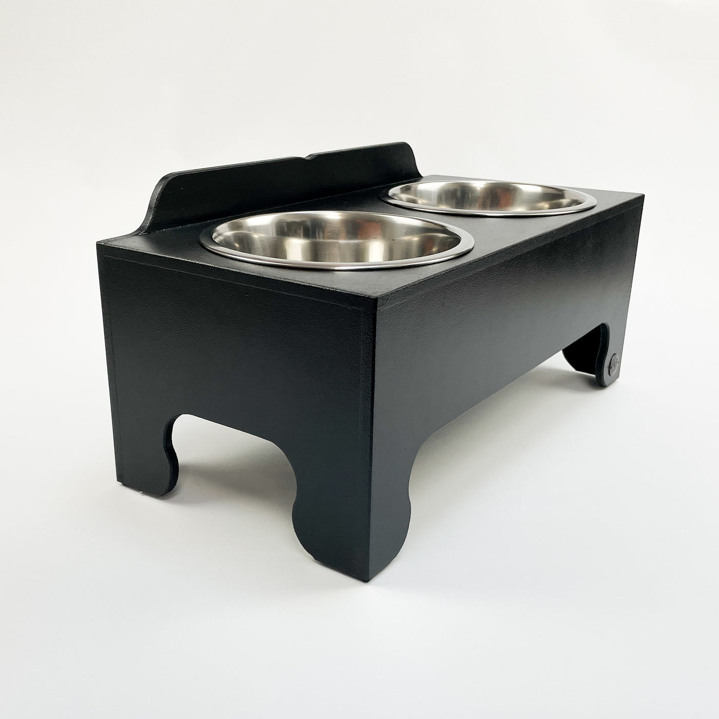 Large raised feeder with two stainless steel dog food bowls, in charcoal black.