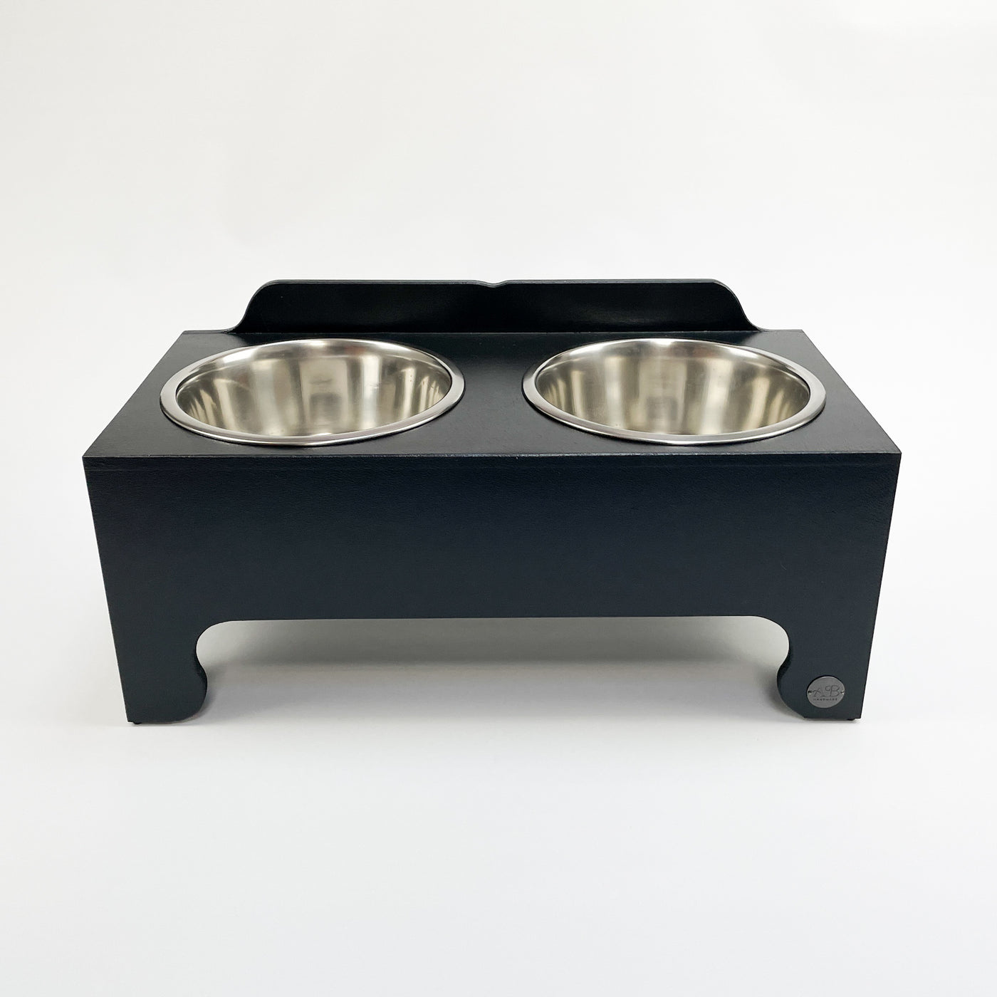 Double-dish raised pet feeder in charcoal black.