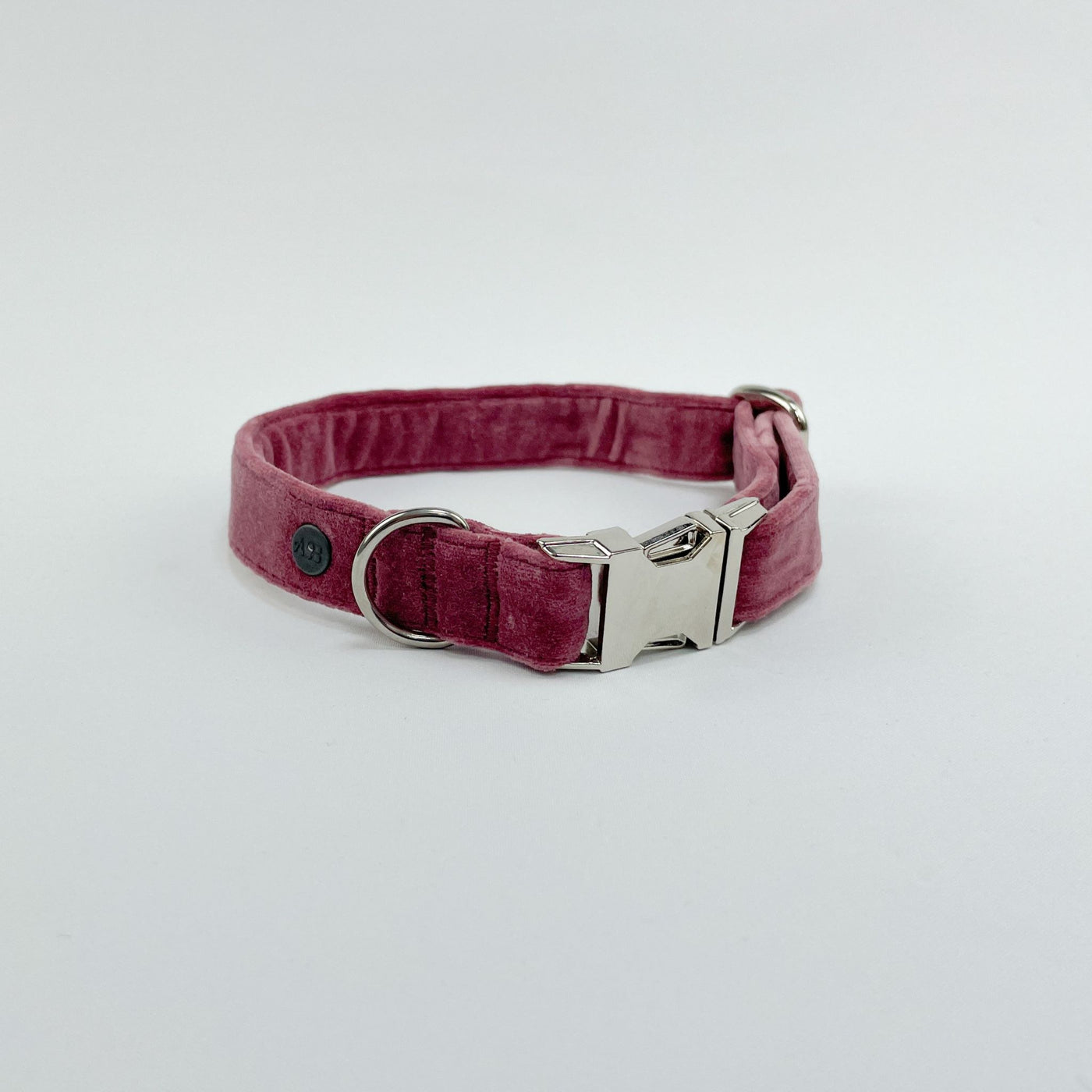 Luxury Blush Pink Velvet Dog Collar with chrome D-Ring  and quick-release clip.