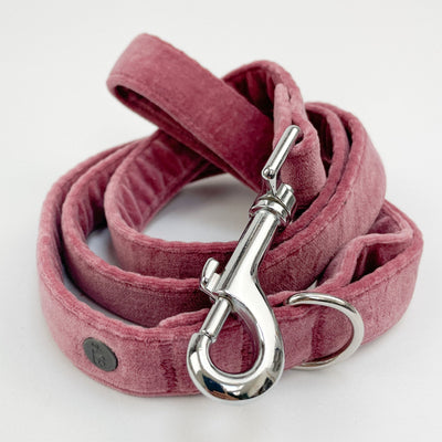 Luxury Blush Pink Velvet Dog Lead with chrome D-Ring and collar clip.