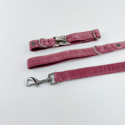 Luxury Blush Pink Velvet Dog Lead and matching collar flat view.