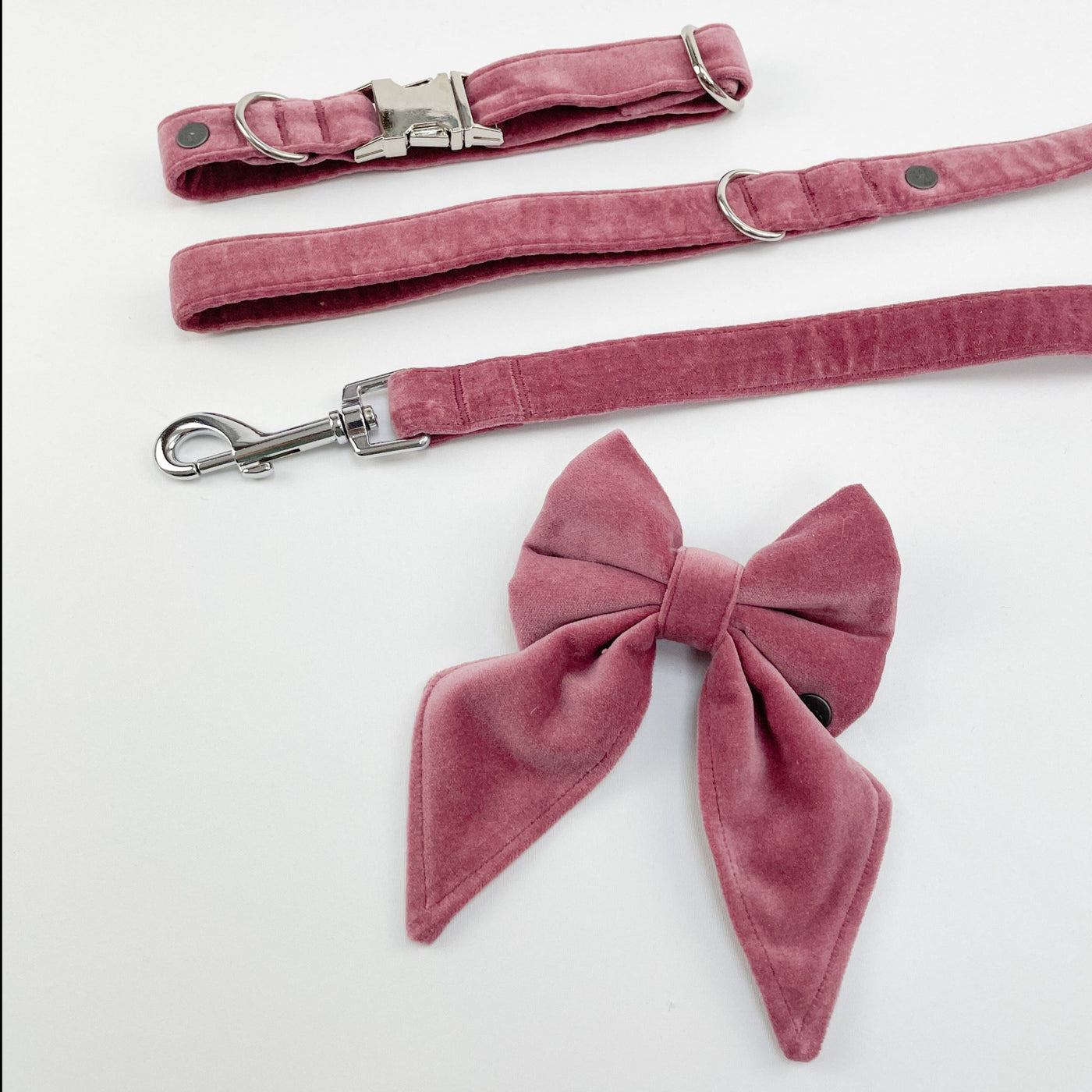 Luxury Blush Pink Velvet Sailor Bow and matching lead and collar.