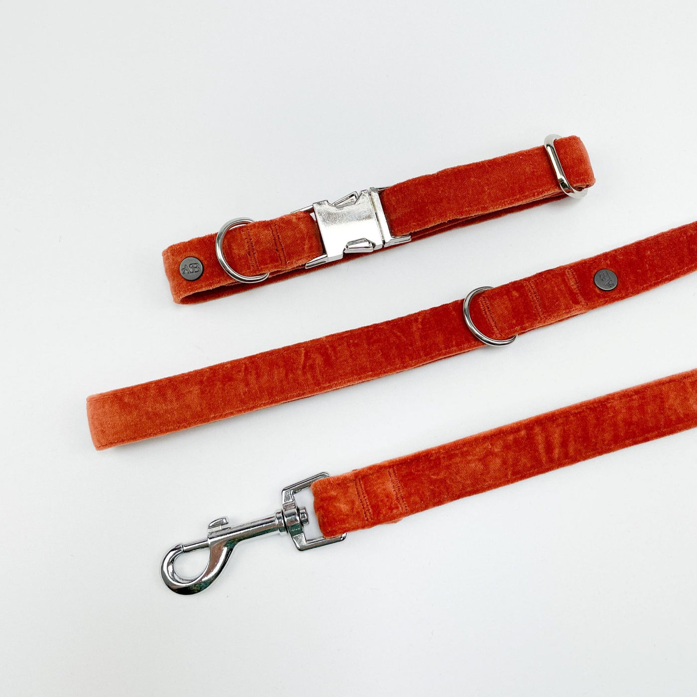 Luxury Burnt Orange Velvet Dog Collar alongside matching lead.