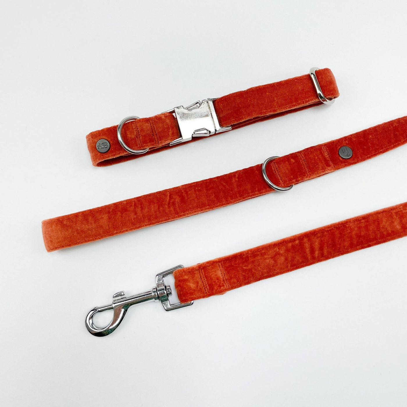 Luxury Burnt Orange Velvet Dog Lead alongside matching collar.