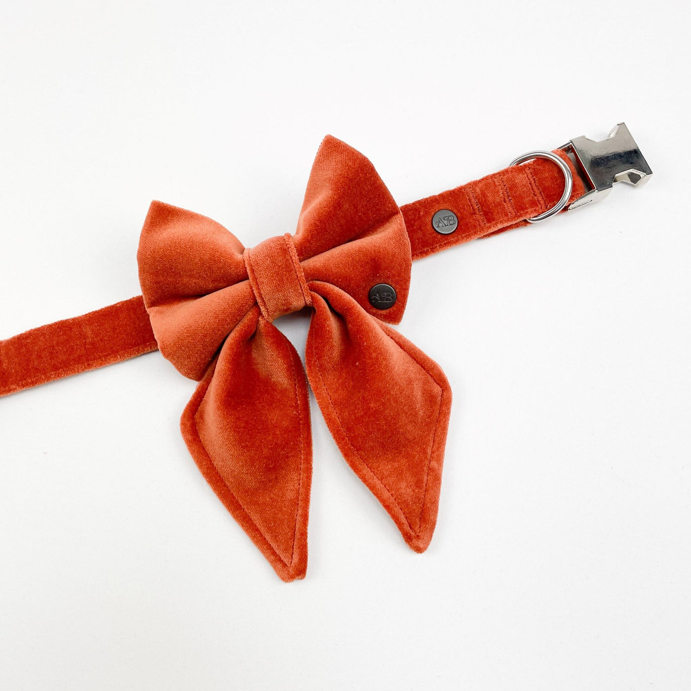 Luxury Burnt Orange Velvet Sailor Bow shown on matching collar available separately. 
