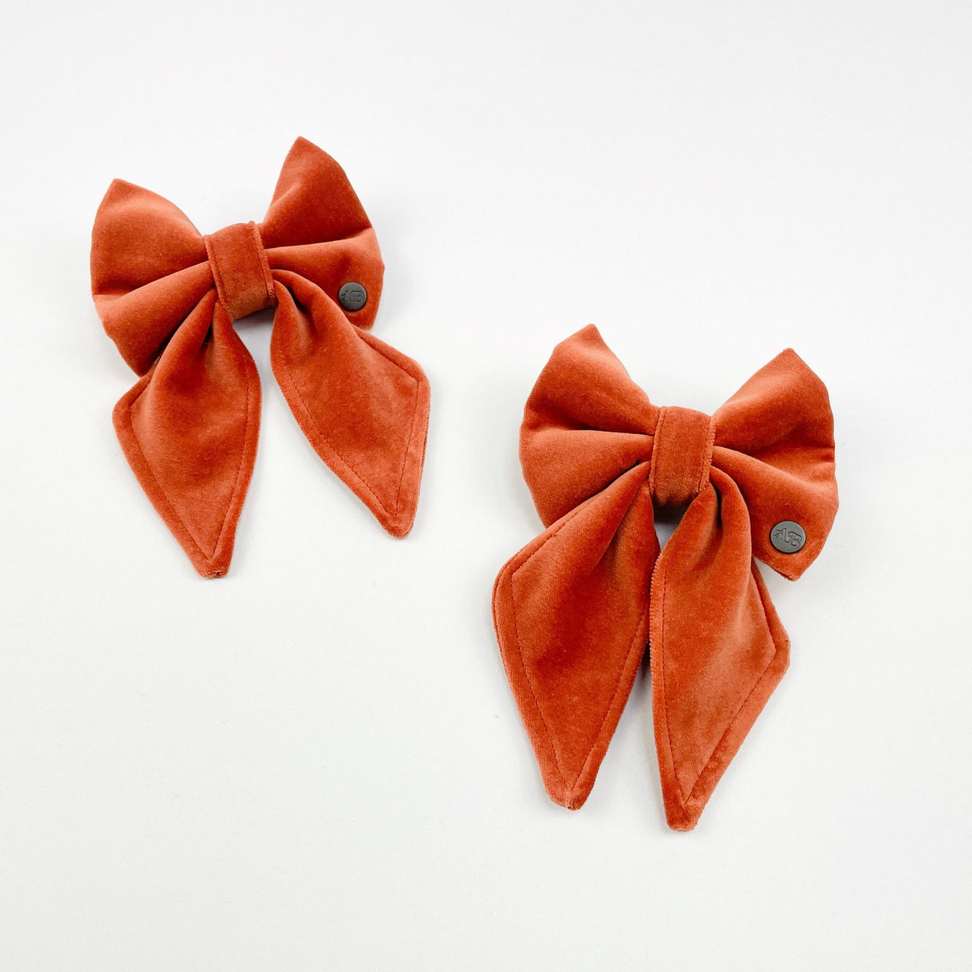 Luxury Burnt Orange Velvet Sailor Bow available in small and medium sizes.