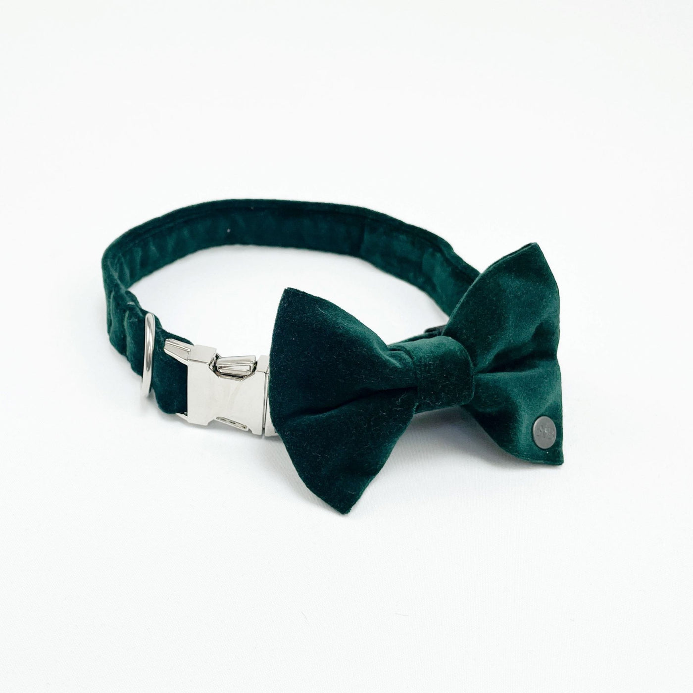 Luxury Emerald Green Velvet Dog Bow Tie shown on matching collar