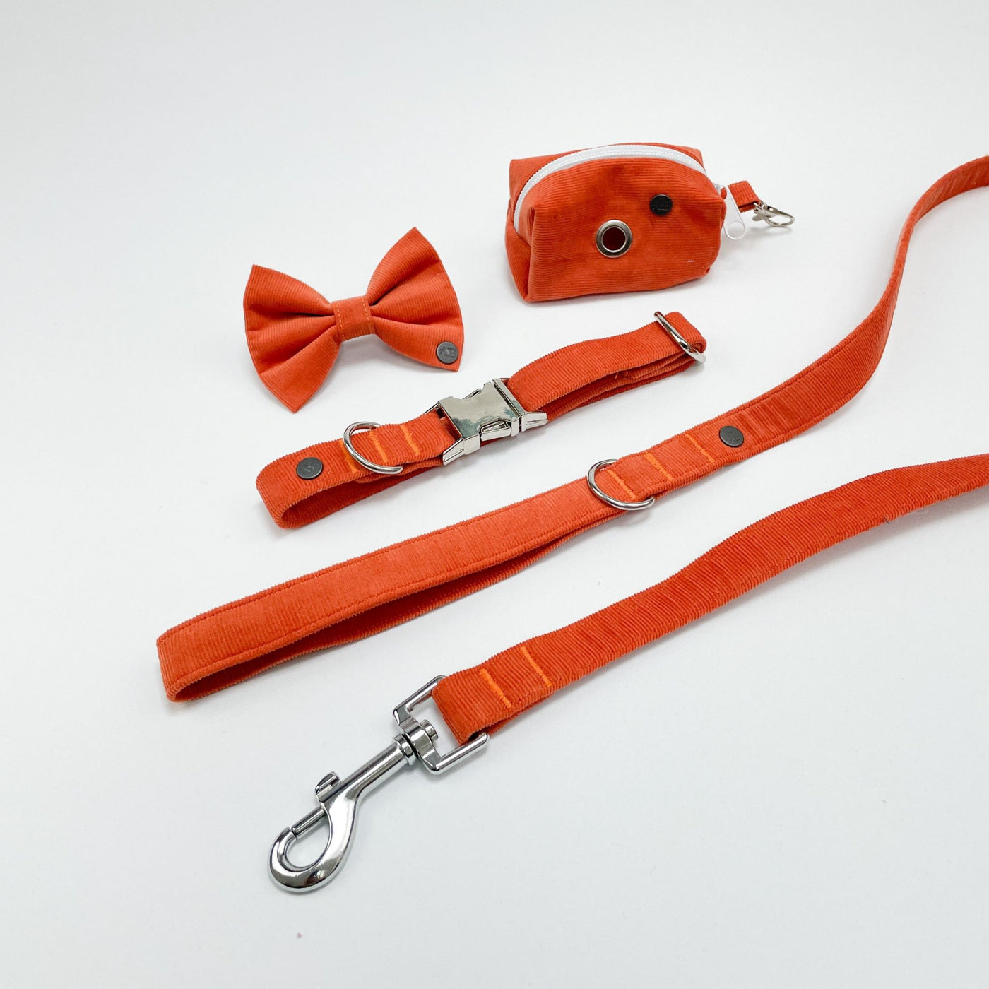 Orange Corduroy Collar/Lead/Bow/Poop bag set.