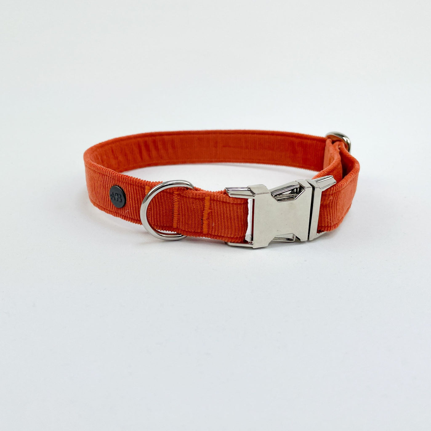 Orange Corduroy Dog Collar with chrome buckle and fittings.
