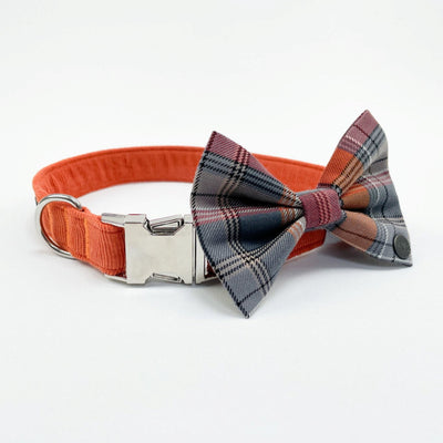 Orange Corduroy Dog Collar with contrast orange/grey check bow tie available separately. 