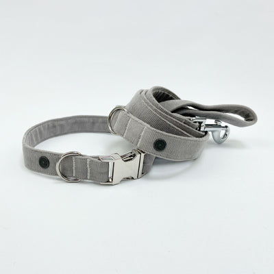 Silver Grey Corduroy Dog Collar shown with matching Lead, part of bundle set.