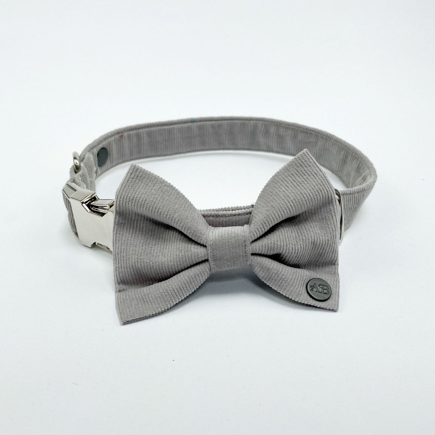 Silver Grey Corduroy Dog Bow Tie on matching collar front view.