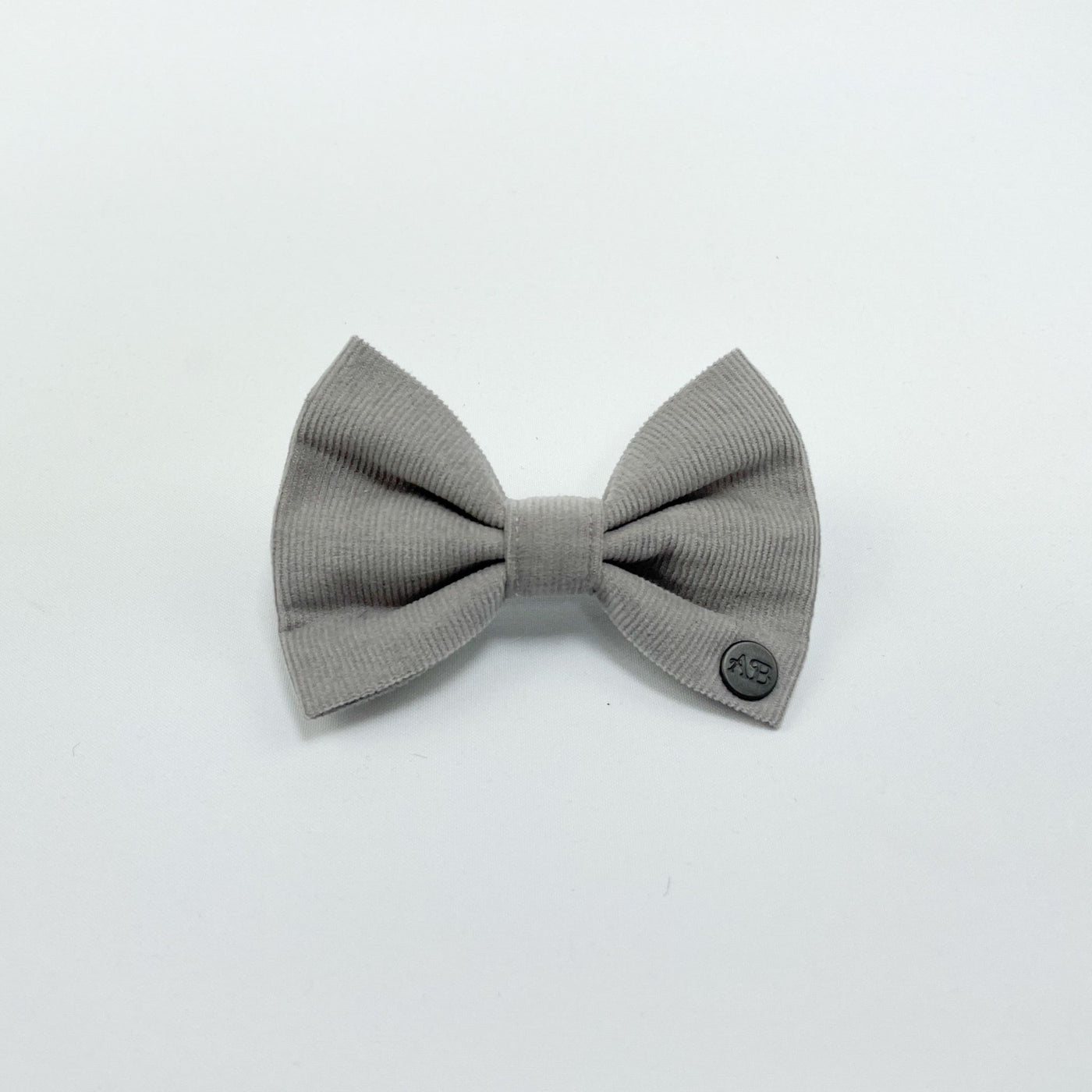 Silver Grey Corduroy Dog Bow Tie from front.