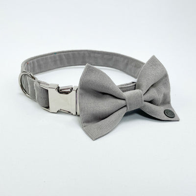 Silver Grey Corduroy Dog Collar with matching bow tie accessory.