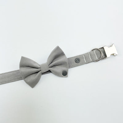Silver Grey Corduroy Dog Bow Tie on collar unclipped.