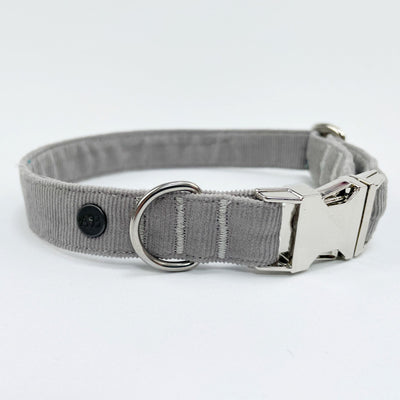 Silver Grey Corduroy Dog Collar with chrome buckle and D-Ring.