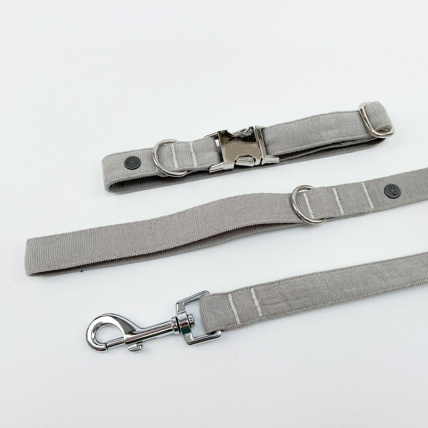 Silver Grey Corduroy Dog Collar and lead flat lay view