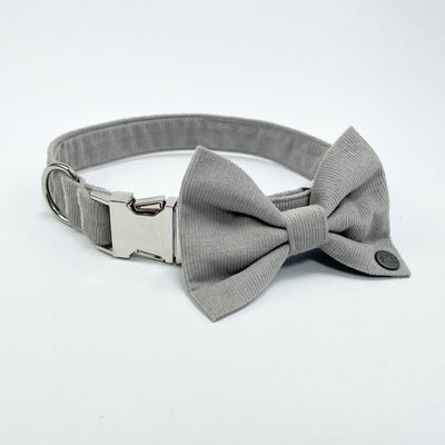 Silver Grey Corduroy Dog Dickie Bow on matching Collar part of bundle set.