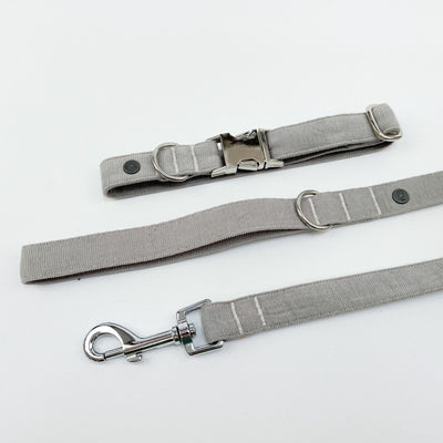 Silver Grey Corduroy Dog Lead alongside matching collar.