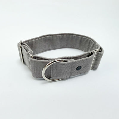 Silver Grey Corduroy Martingale Collar specially designed for sighthounds and dogs with longer necks.