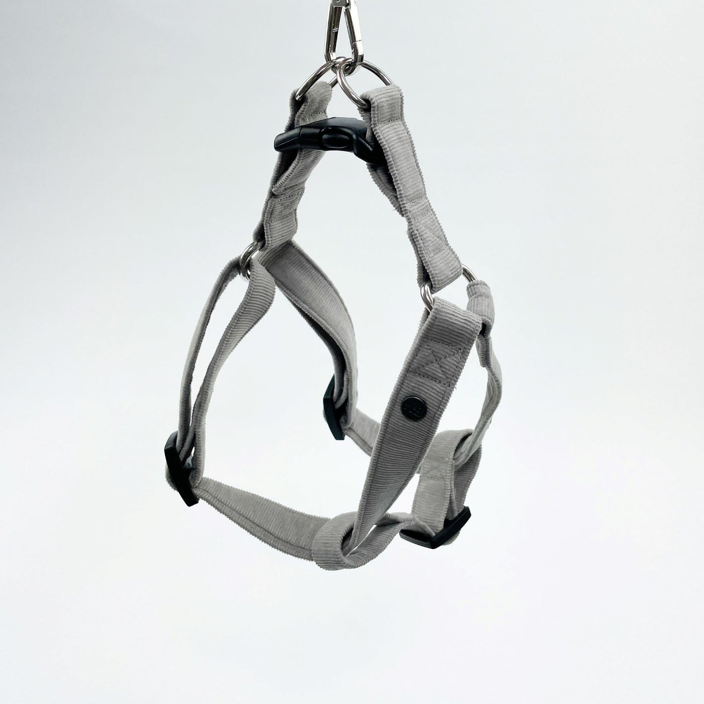 Silver Grey Corduroy Step-In Dog Harness from the side.