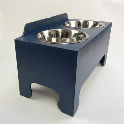 Double-bowl, extra large raised dog feeding stand in navy.