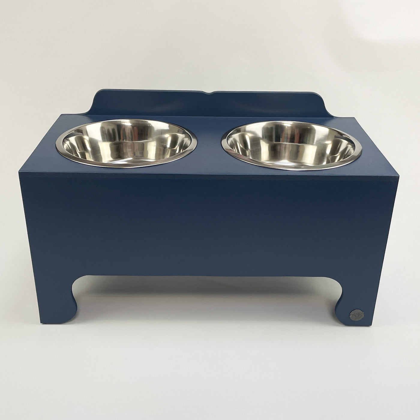 Navy extra large raised dog feeding stand, double-bowl design.