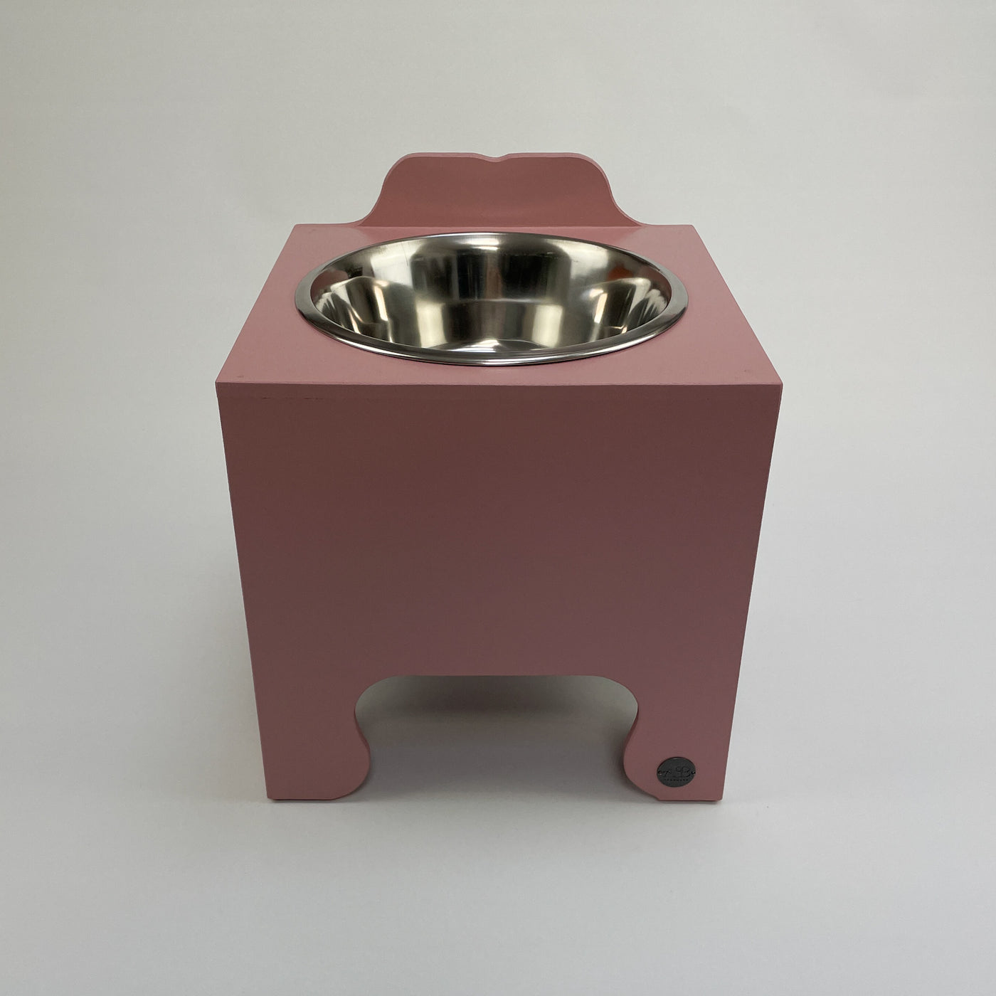 Blush pink, extra large raised single bowl dog feeding stand with stainless steel dish.
