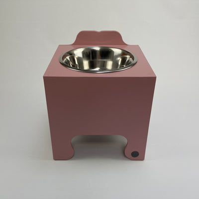 Blush pink, extra large raised single bowl dog feeding stand with stainless steel dish.