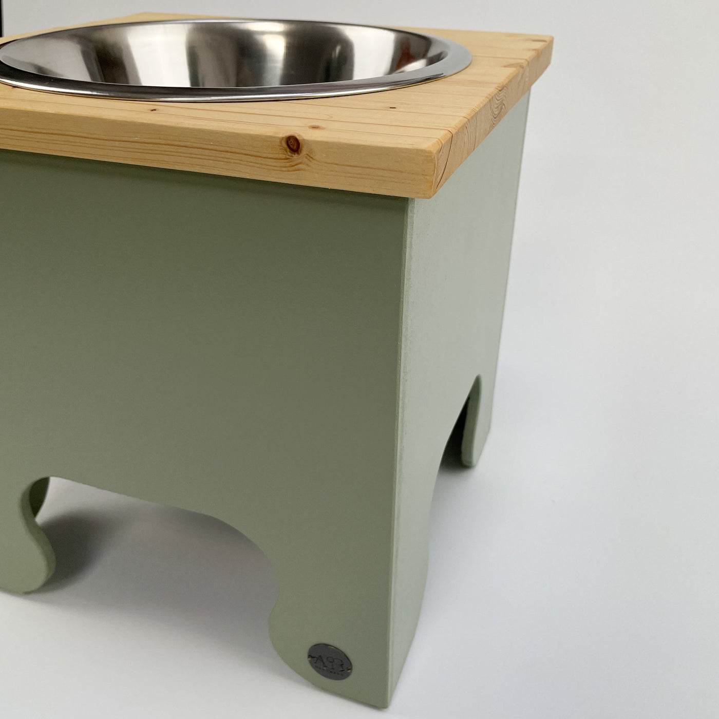 Extra Large Pine Top Raised Single Bowl Feeding Stand for dogs in soft green