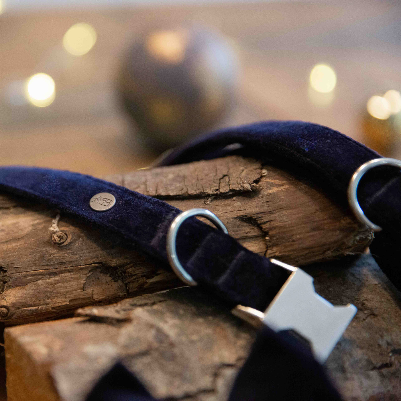 Navy velvet dog collar with Christmas lights