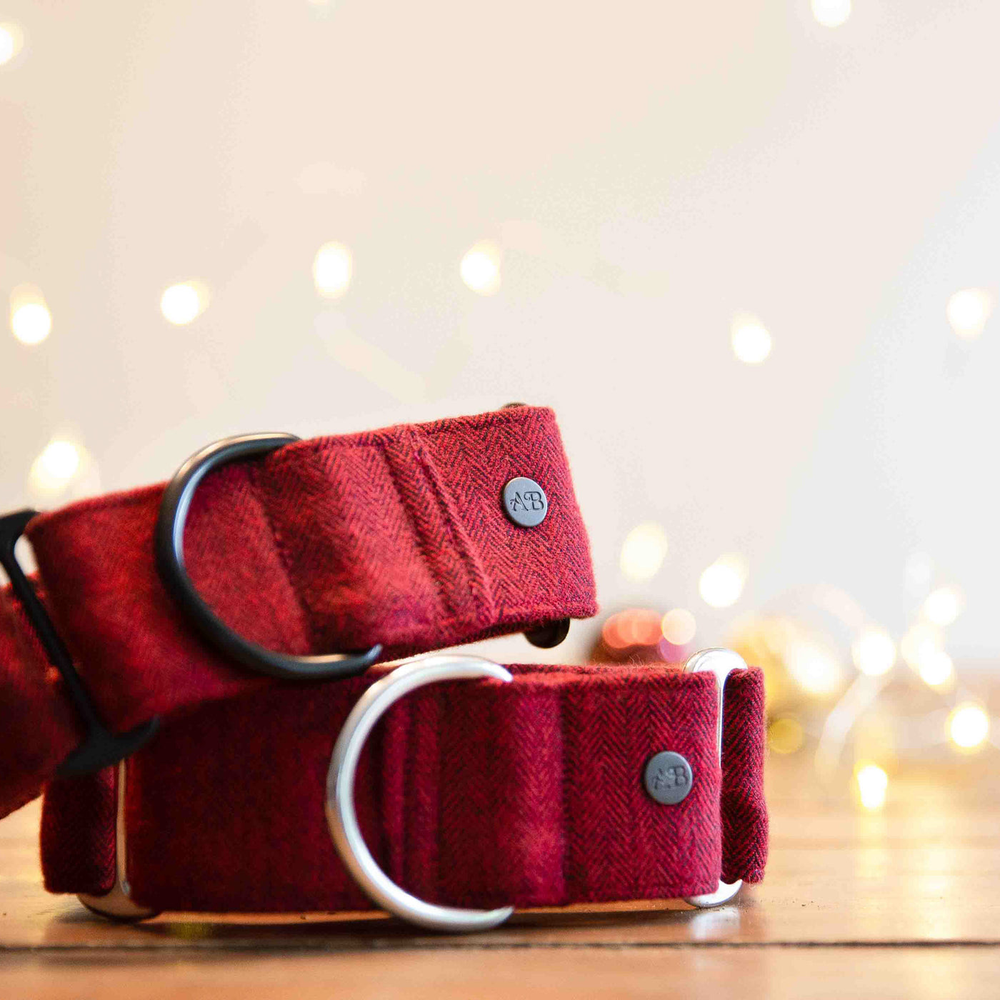 cranberry herringbone martingale collars with Christmas lights